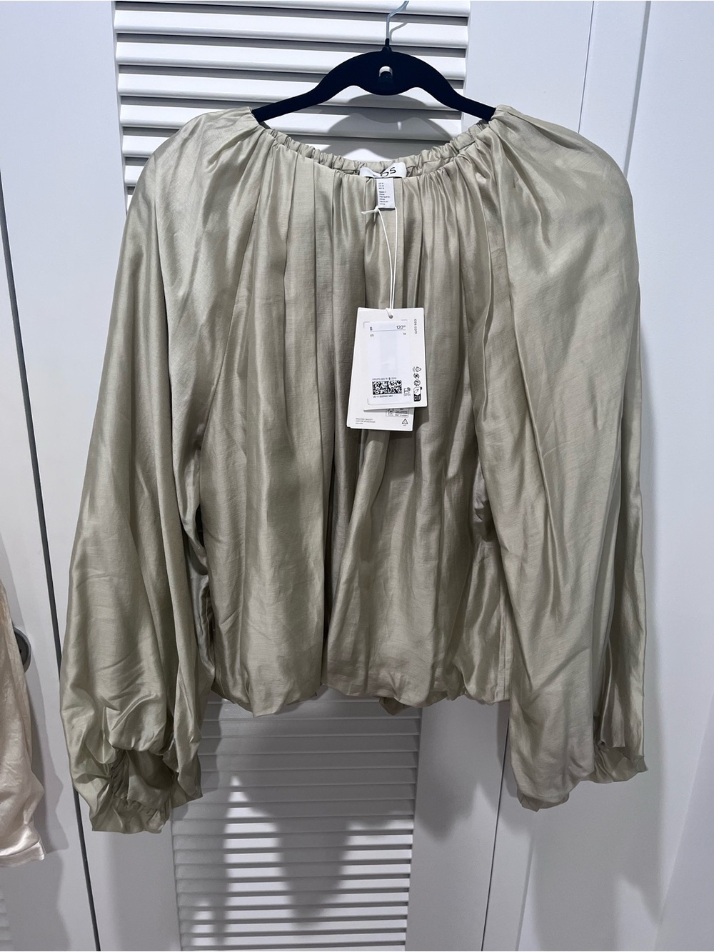 COS Satin Peasant Blouse in Sage Green